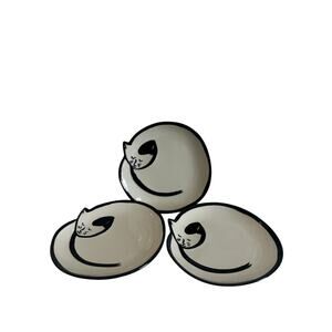 West Elm Sleeping Cat Plates (3) Hand Painted Salad Snacks Excellent Condition